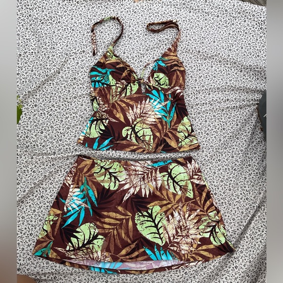 Cutest y2k brown green and blue tankini and swimskirt set with sparkly leaf - Picture 1 of 5